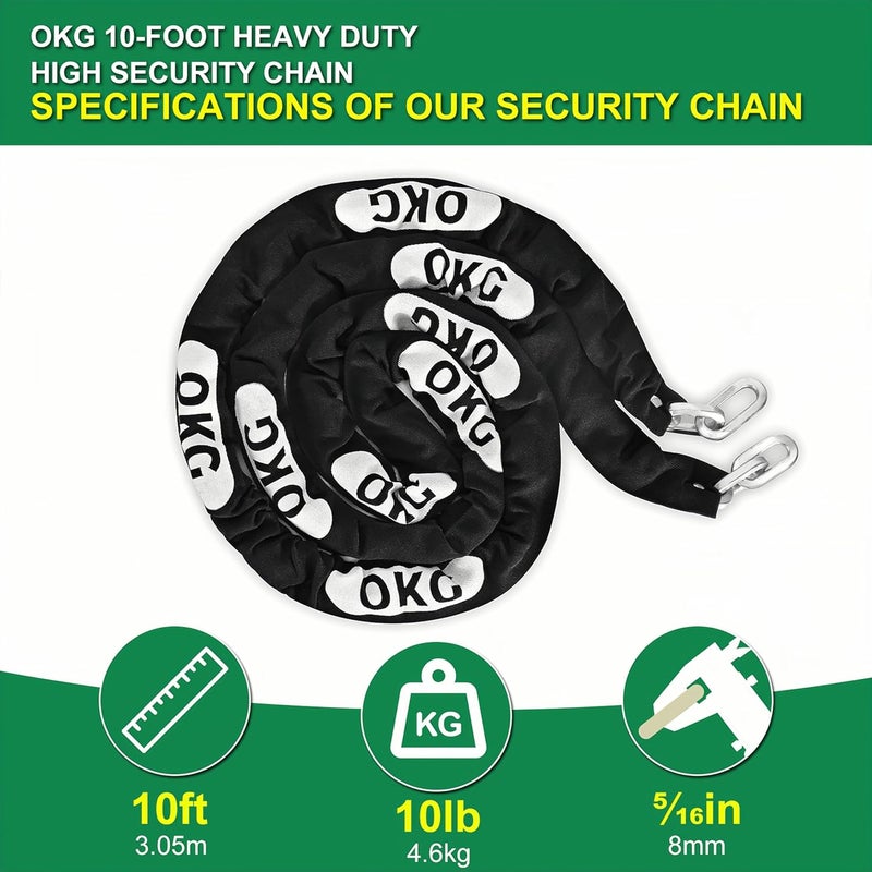 OKG Heavy Duty Security Chain - 10 Foot x 5/16” Thick Square Security Chain - Anti Theft Hardened Steel Chain for Bikes, Motorcycles, 2 Wheeled Vehicles, Industrial Property - Image 2